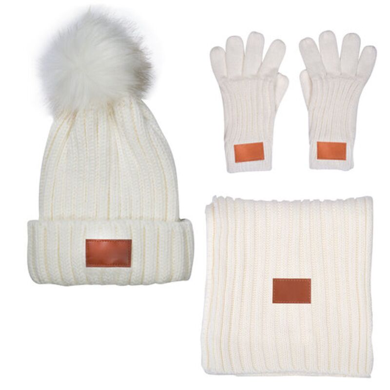 Three-Piece Rib Knit Fur Pom Winter Set Thumbnail